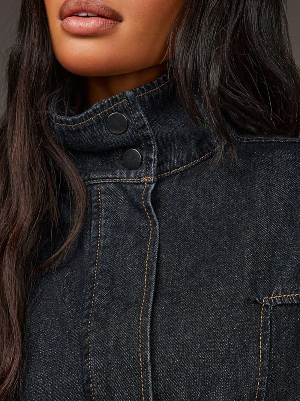 Black Casual Women's  Long Sleeved Lapel Stand Up Loose Denim Jacket - Picture 4 of 9